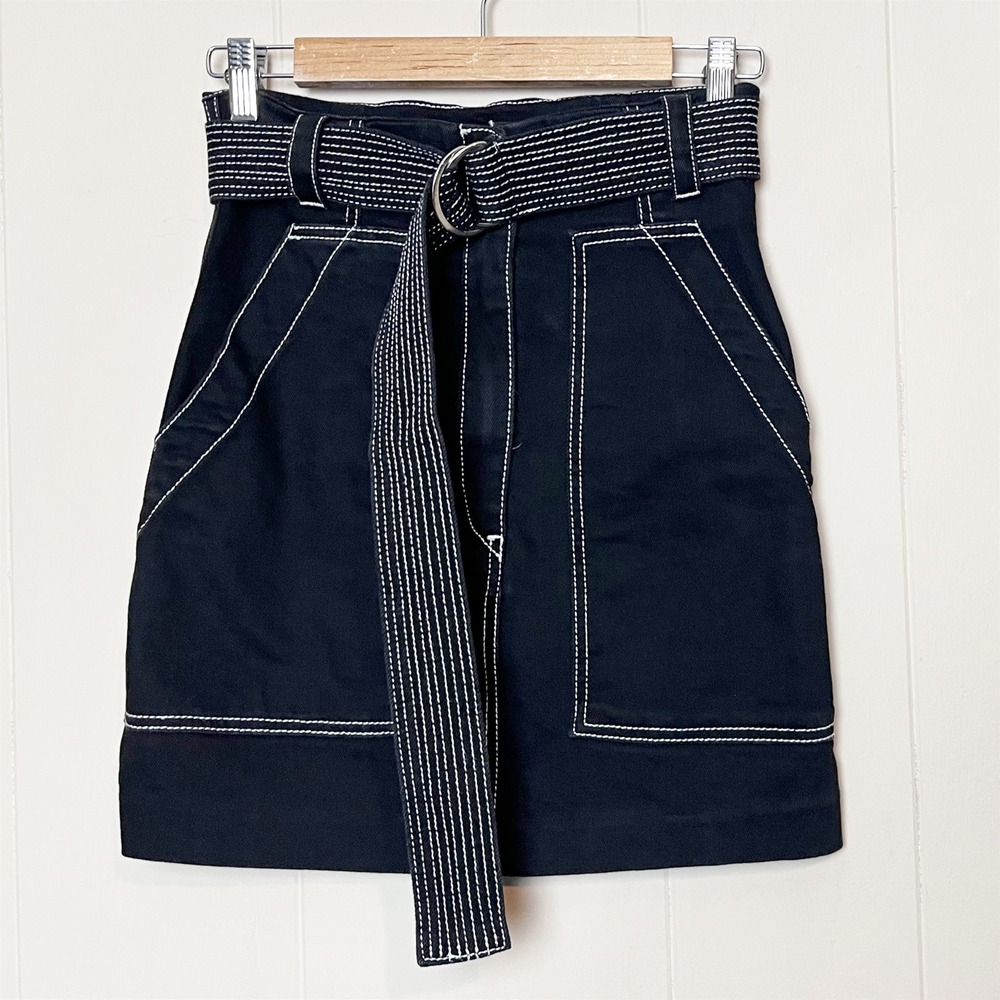 Sandro Paris Black Denim Mini Skirt 1 Small Belted Pockets A-Line Minimalist - Picture 2 of 10